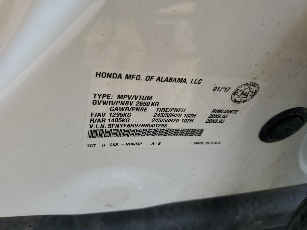 2017 Honda Pilot Touring VIN: 5FNYF6H97HB501293 Lot: 63869454