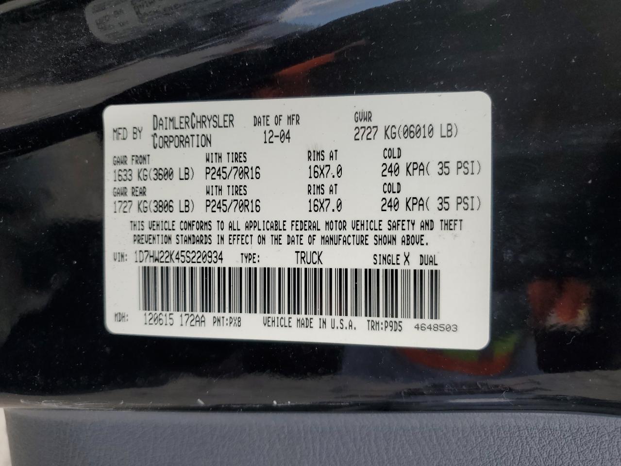 2005 Dodge Dakota St VIN: 1D7HW22K45S220934 Lot: 63508894