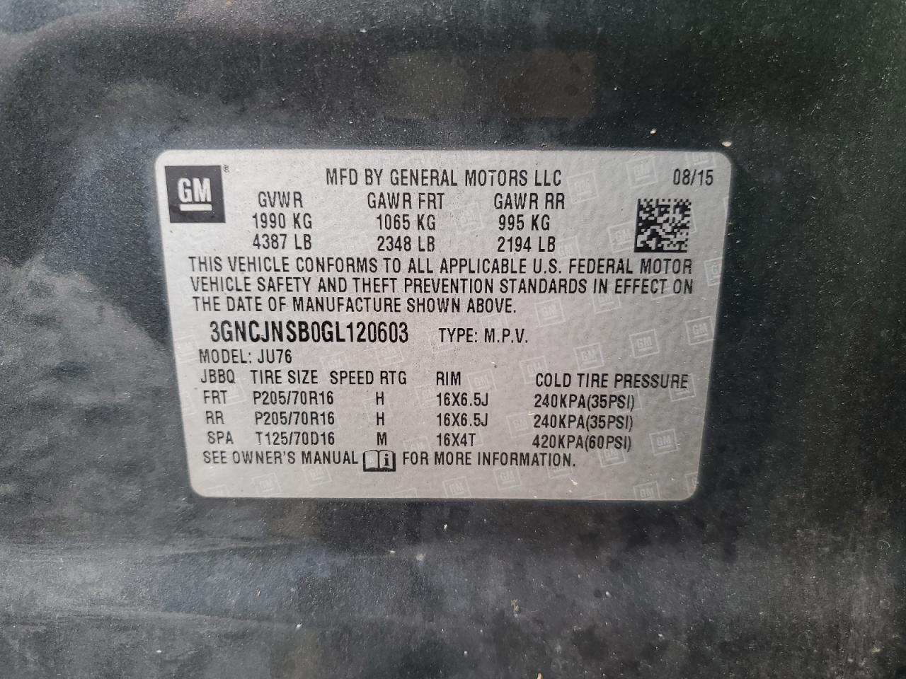 2016 Chevrolet Trax Ls VIN: 3GNCJNSB0GL120603 Lot: 64082104