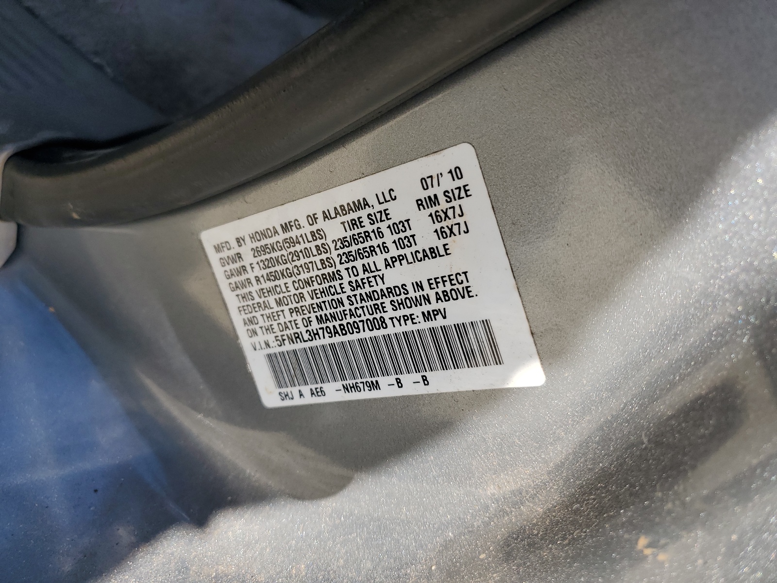 5FNRL3H79AB097008 2010 Honda Odyssey Exl