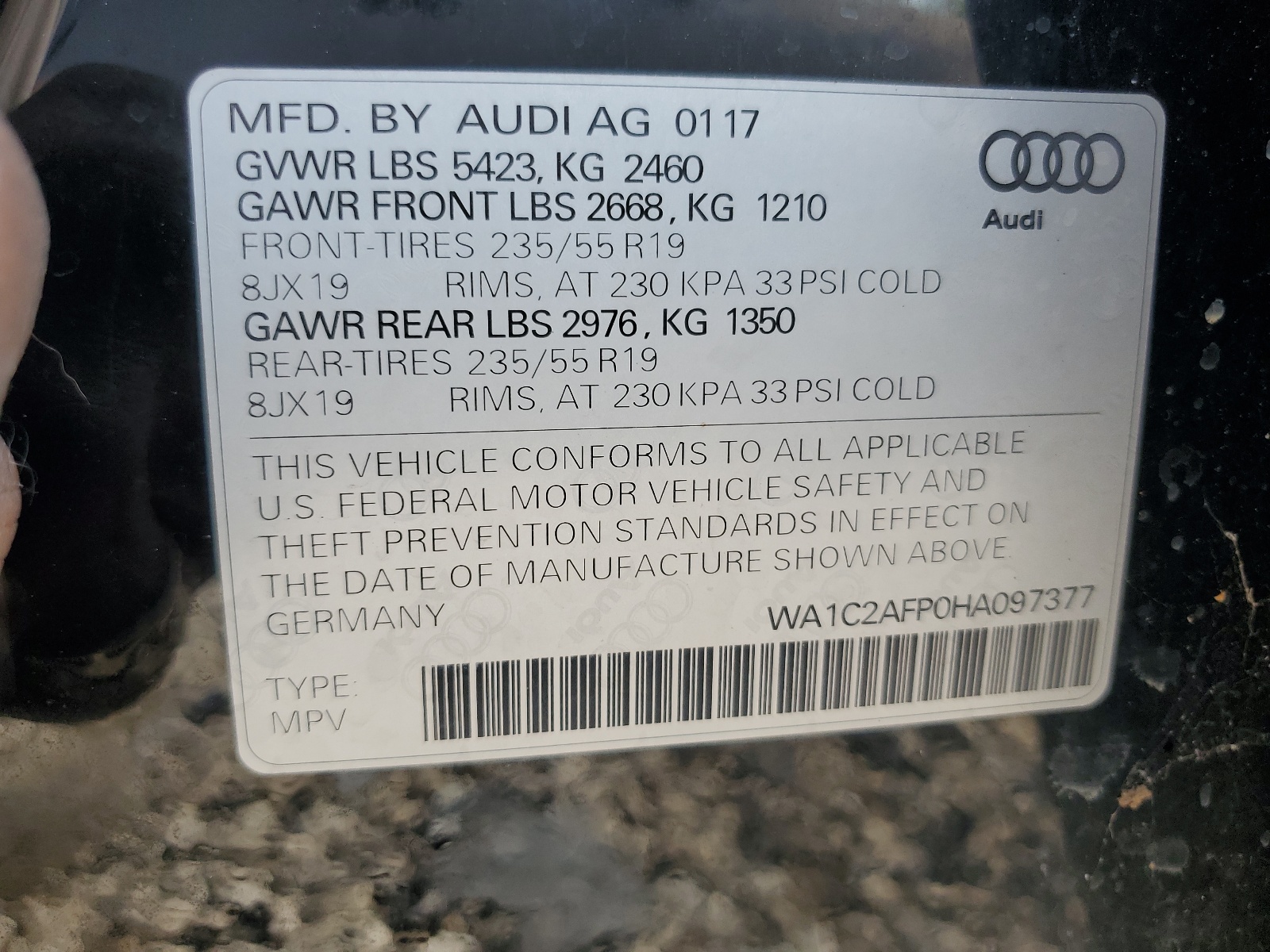 WA1C2AFP0HA097377 2017 Audi Q5 Premium