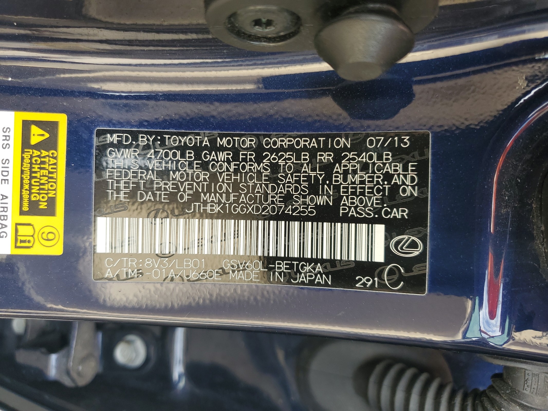 JTHBK1GGXD2074255 2013 Lexus Es 350