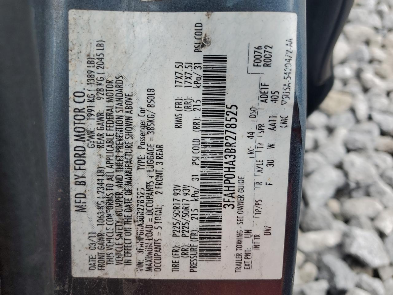 2011 Ford Fusion Se VIN: 3FAHP0HA3BR278525 Lot: 62037164