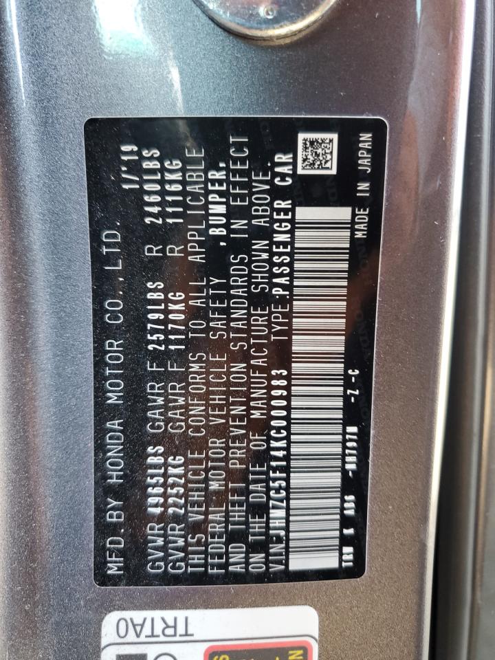 2019 Honda Clarity VIN: JHMZC5F14KC000983 Lot: 65084484