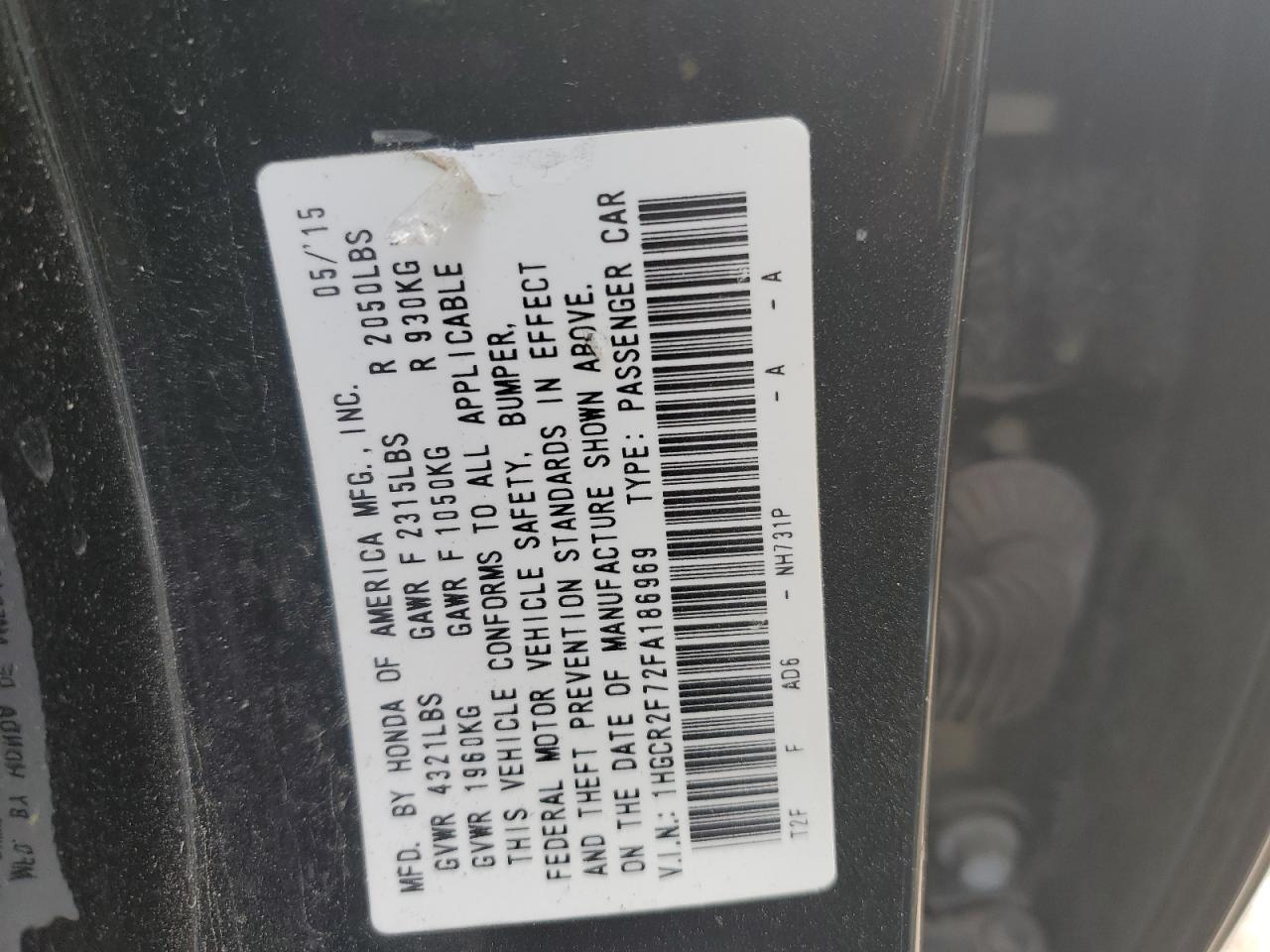 1HGCR2F72FA186969 2015 Honda Accord Ex