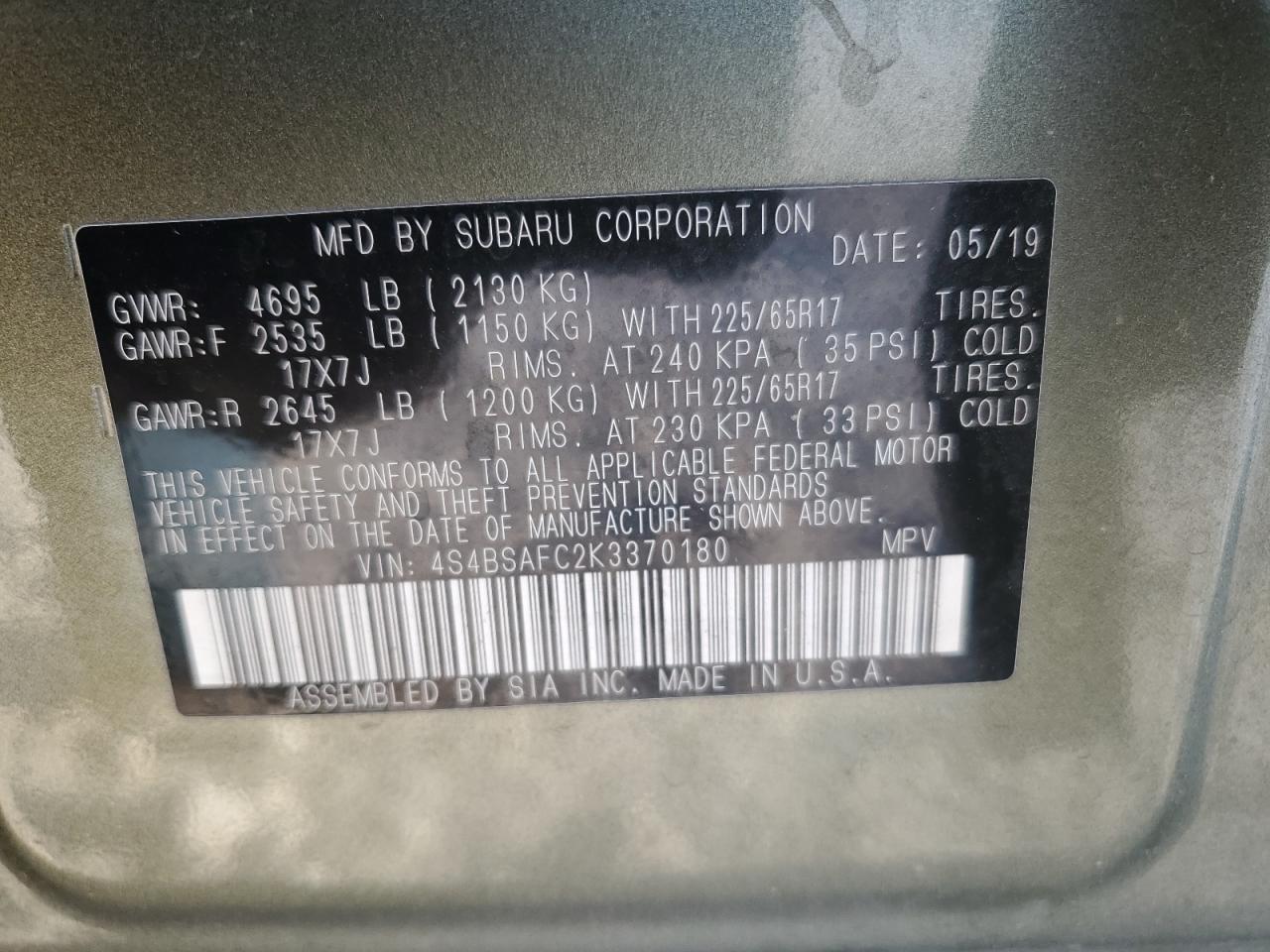 4S4BSAFC2K3370180 2019 Subaru Outback 2.5I Premium