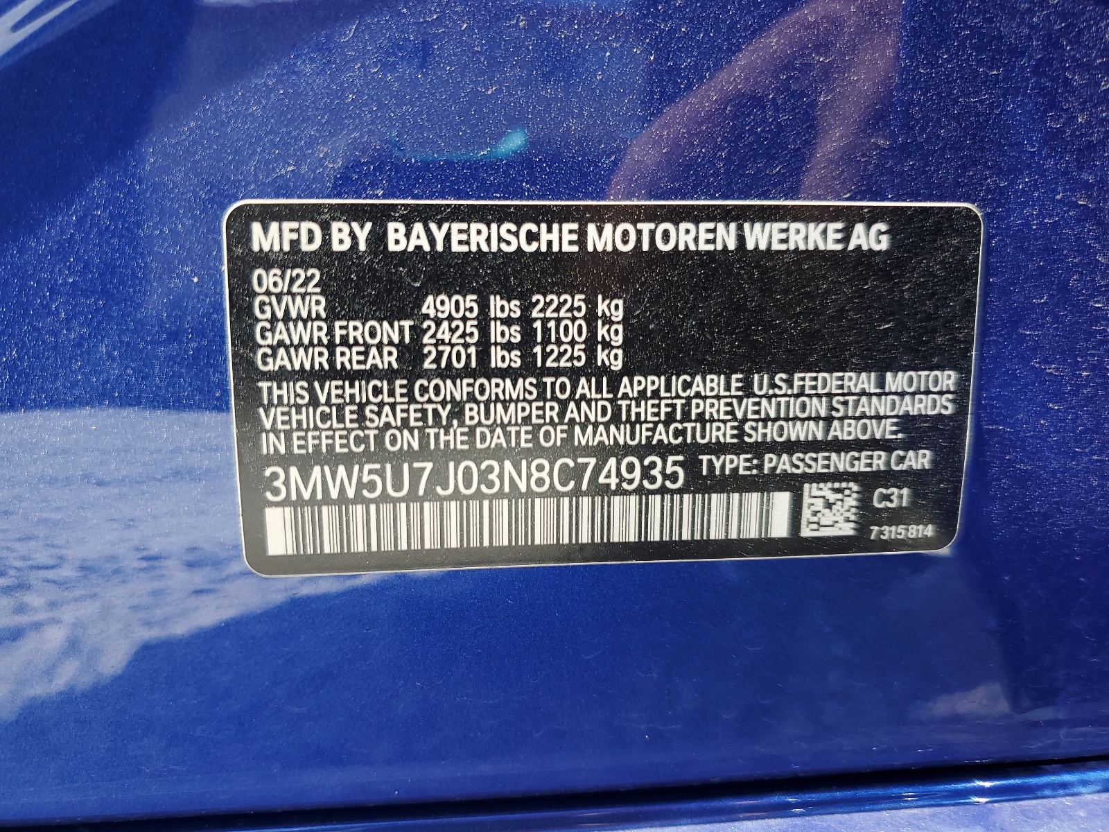 3MW5U7J03N8C74935 2022 BMW M340I