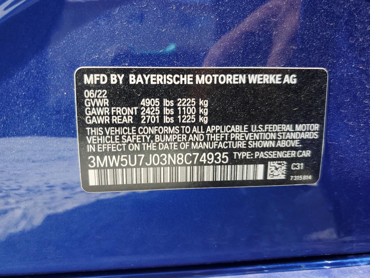 2022 BMW M340I VIN: 3MW5U7J03N8C74935 Lot: 63334854