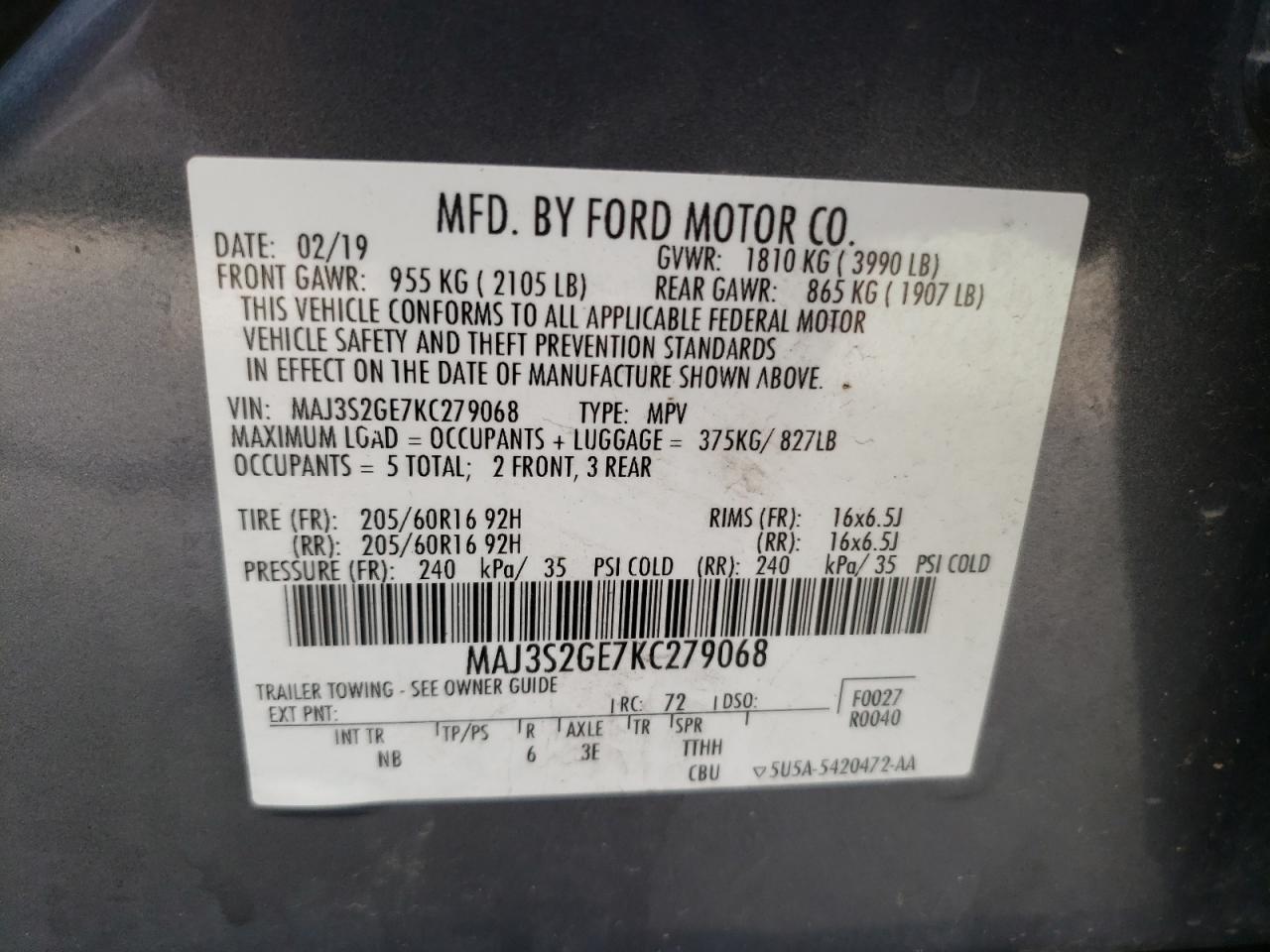 2019 Ford Ecosport Se VIN: MAJ3S2GE7KC279068 Lot: 63259964