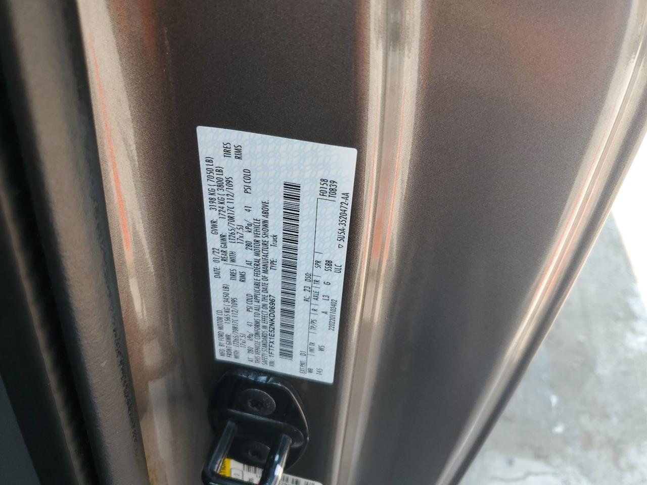 2022 Ford F150 Super Cab VIN: 1FTFX1E52NKD06967 Lot: 64235154