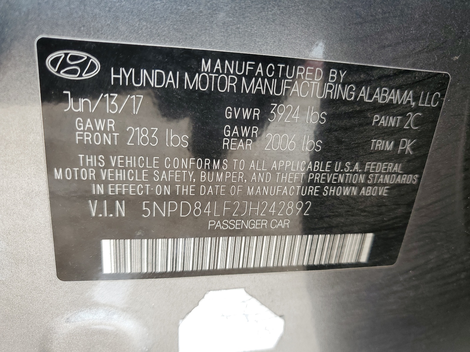 5NPD84LF2JH242892 2018 Hyundai Elantra Sel