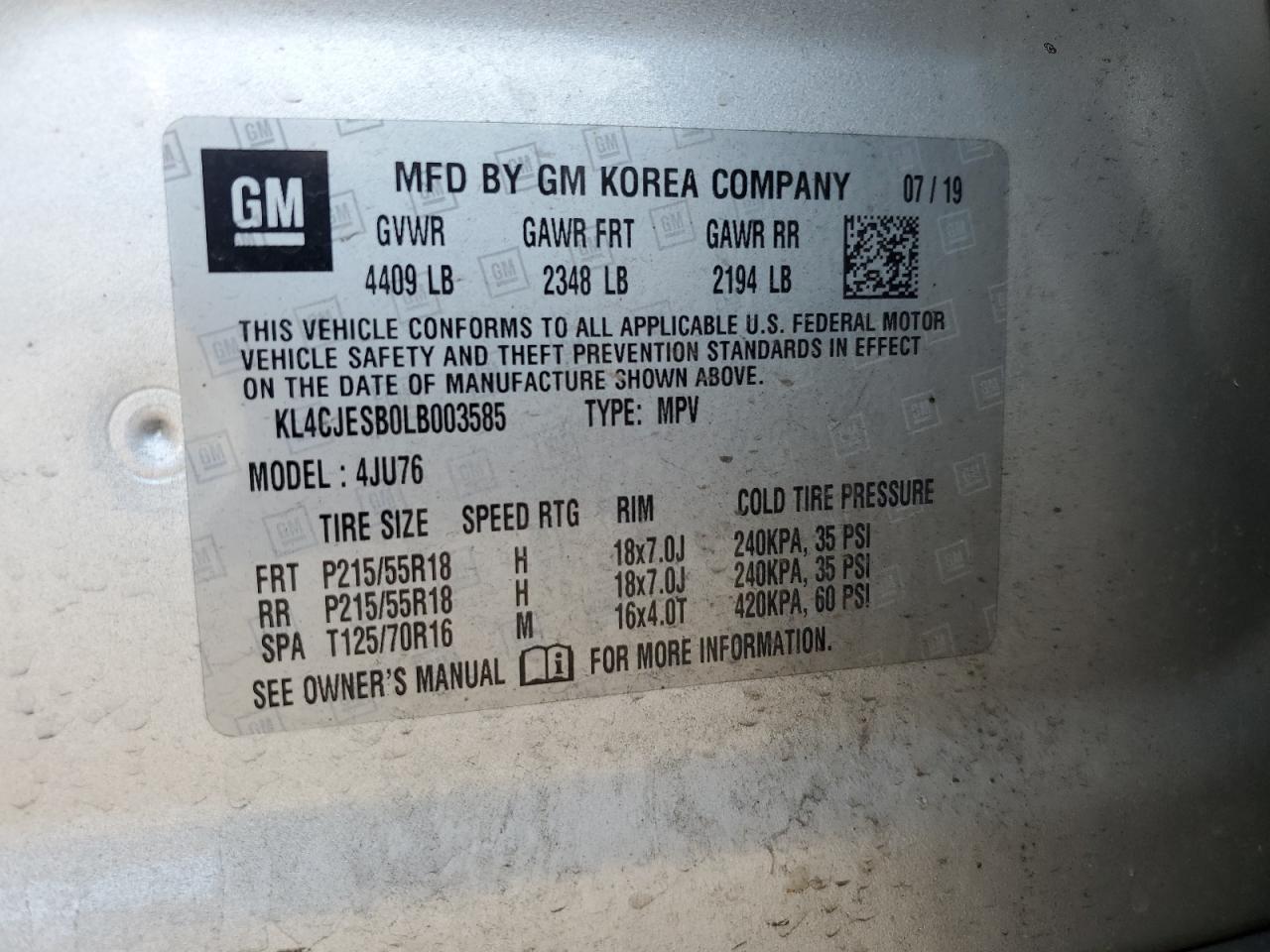 2020 Buick Encore Preferred VIN: KL4CJESB0LB003585 Lot: 63104904