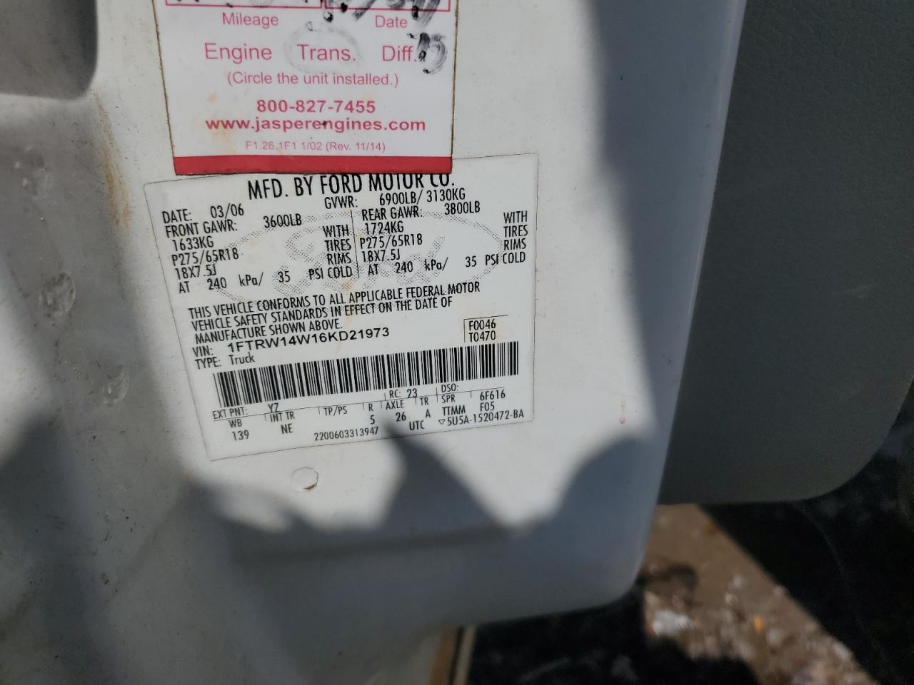 2006 Ford F150 Supercrew VIN: 1FTRW14W16KD21973 Lot: 65209984