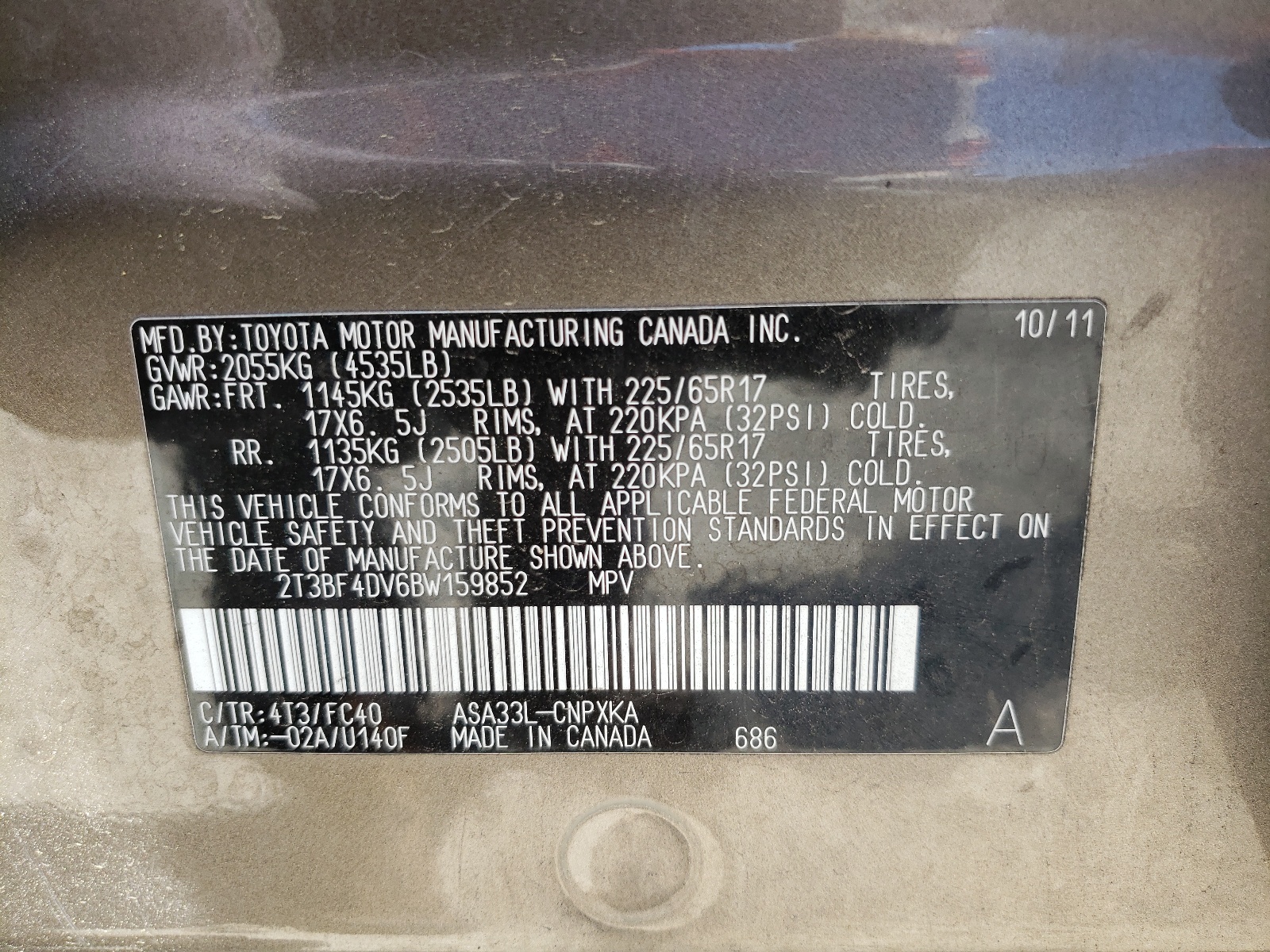 2T3BF4DV6BW159852 2011 Toyota Rav4