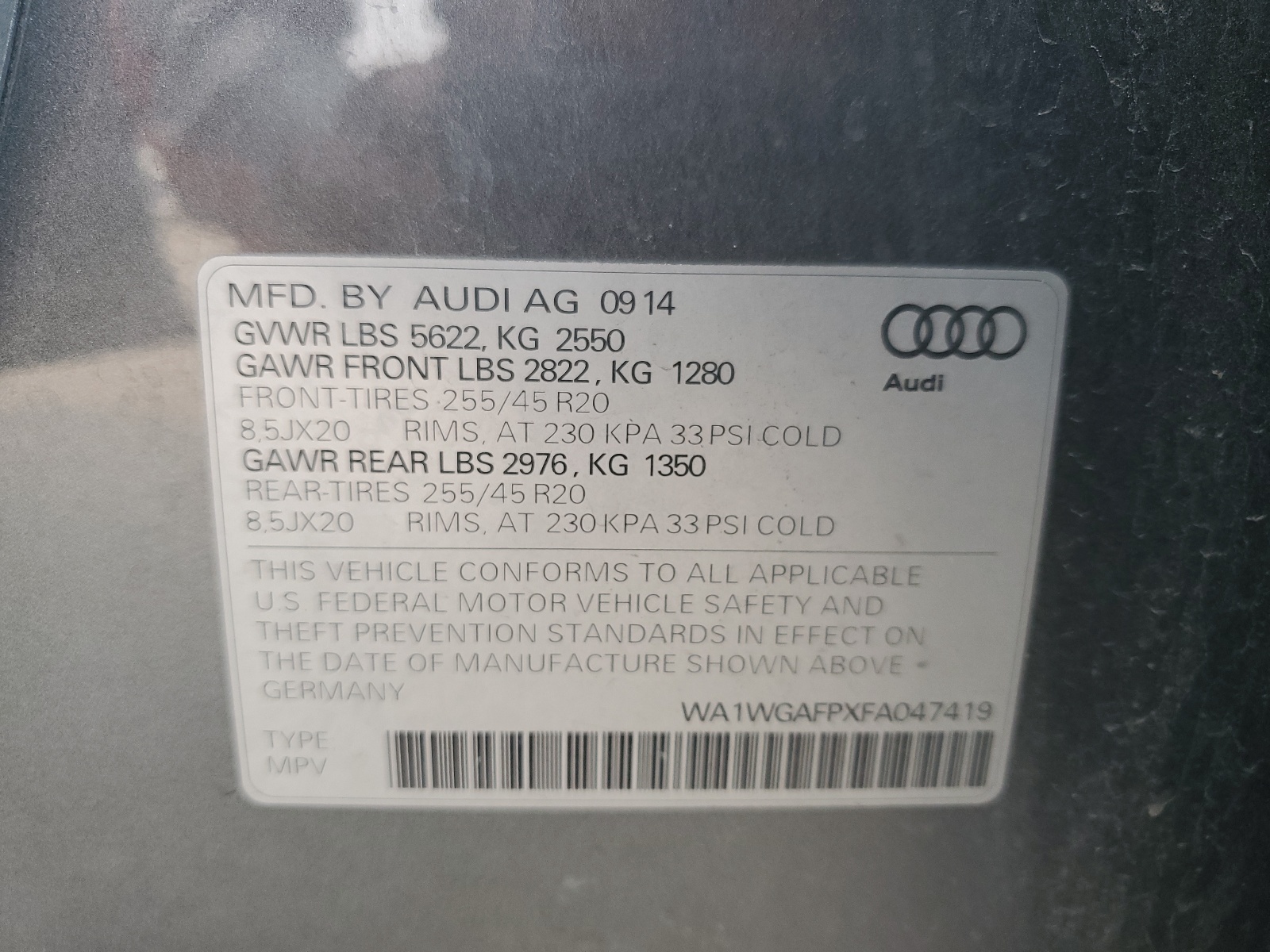 WA1WGAFPXFA047419 2015 Audi Q5 Prestige