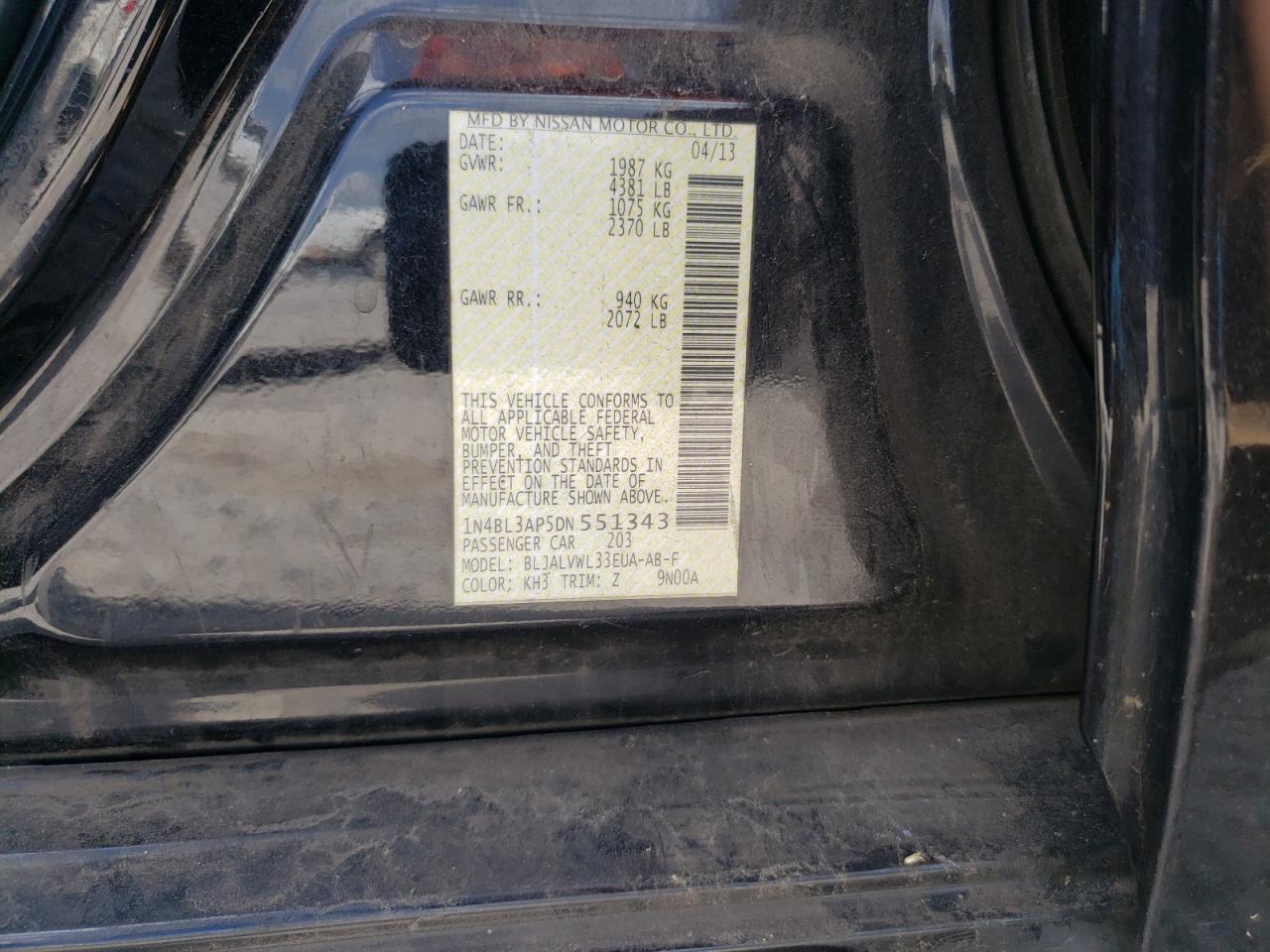 2013 Nissan Altima 3.5S VIN: 1N4BL3AP5DN551343 Lot: 96448025