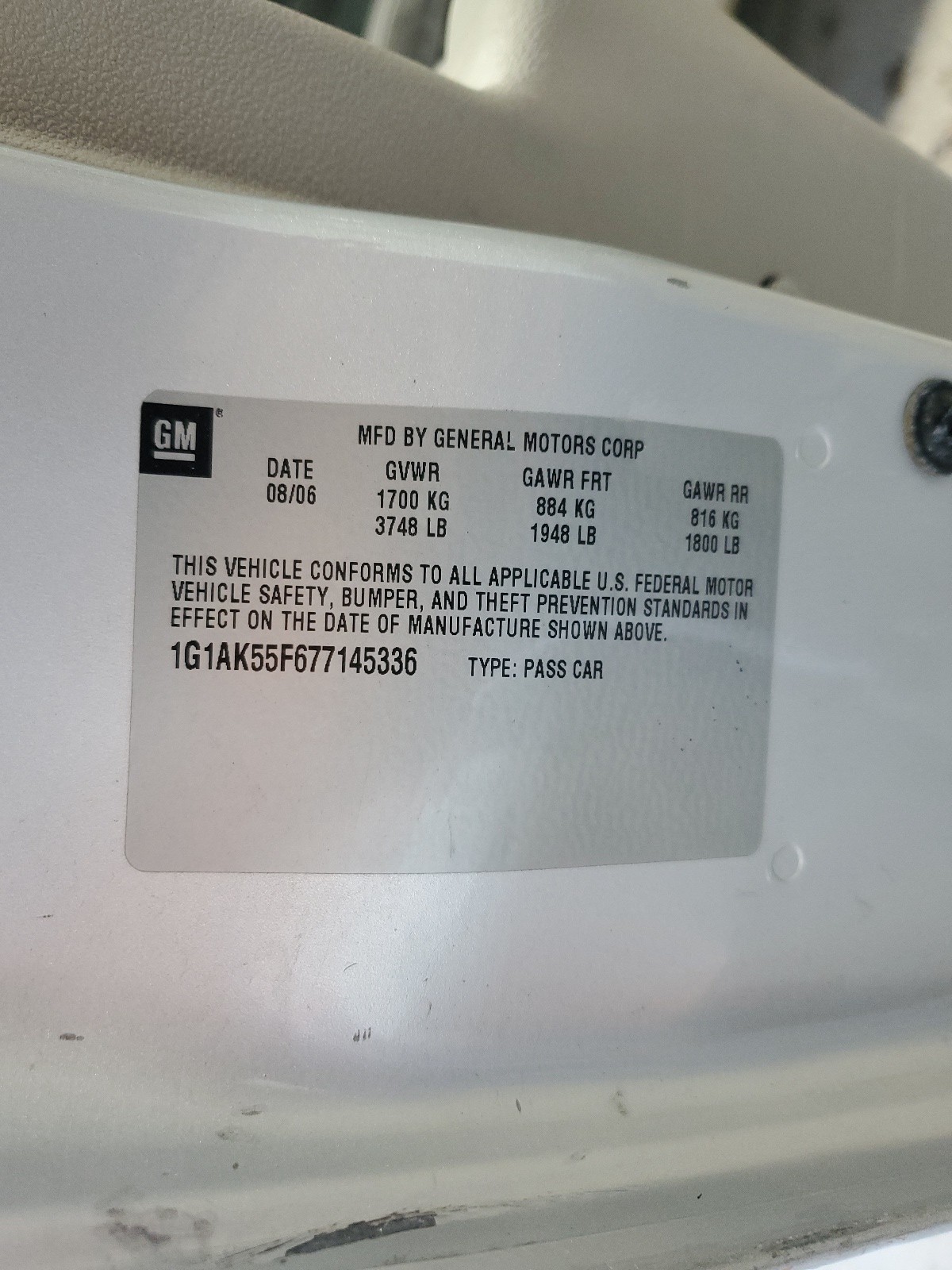 1G1AK55F677145336 2007 Chevrolet Cobalt Ls