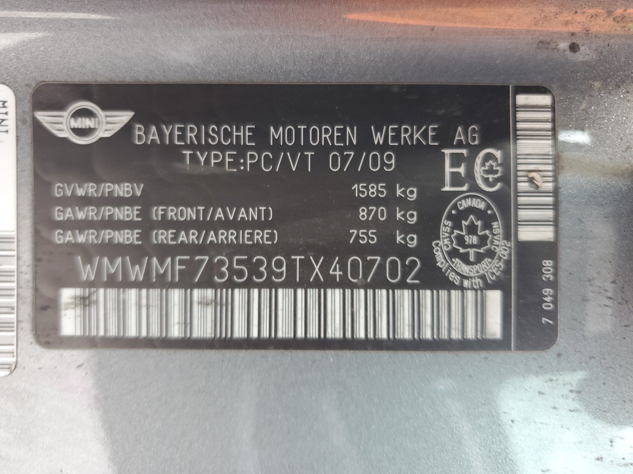 WMWMF73539TX40702 2009 Mini Cooper S