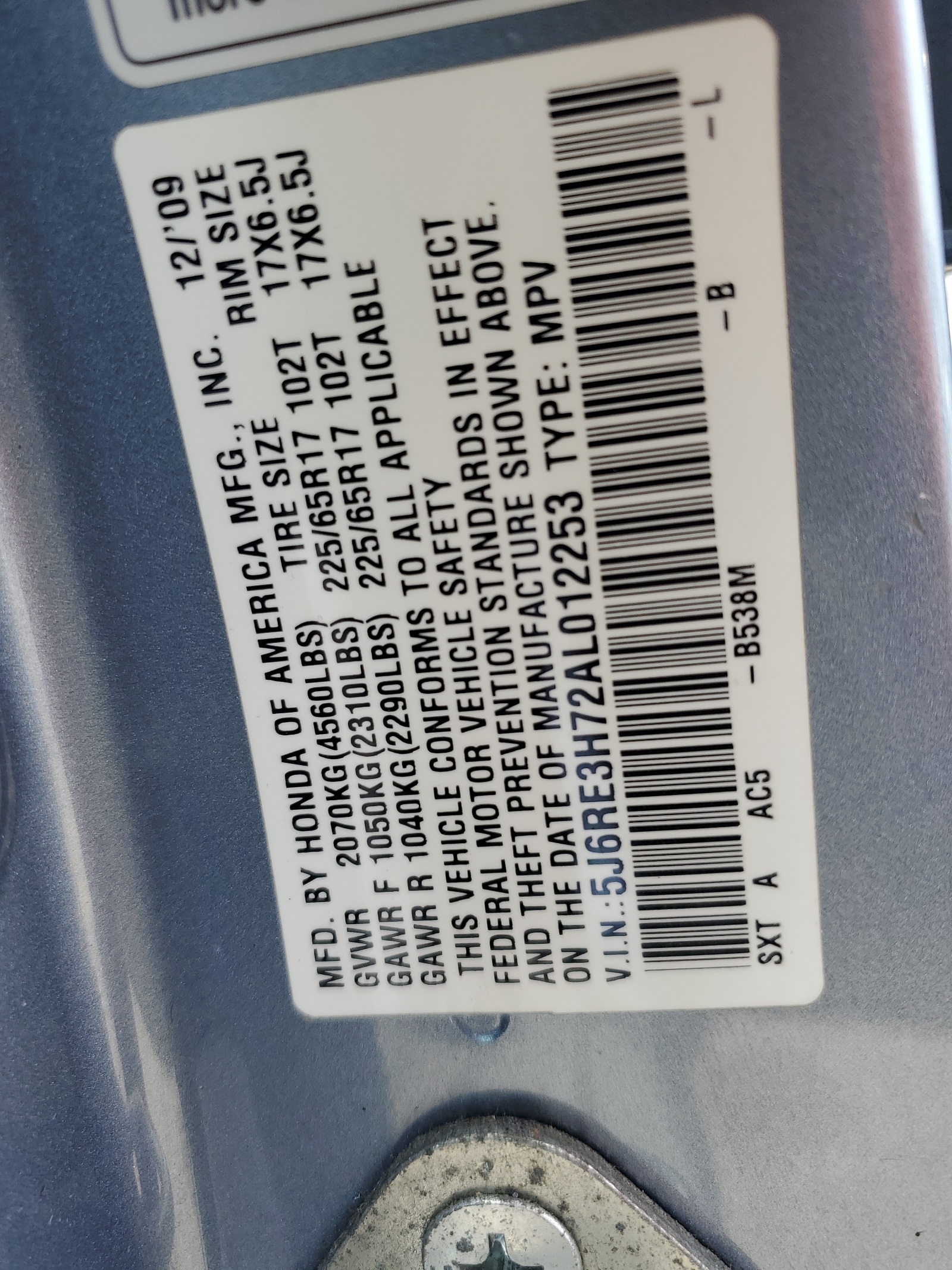 5J6RE3H72AL012253 2010 Honda Cr-V Exl