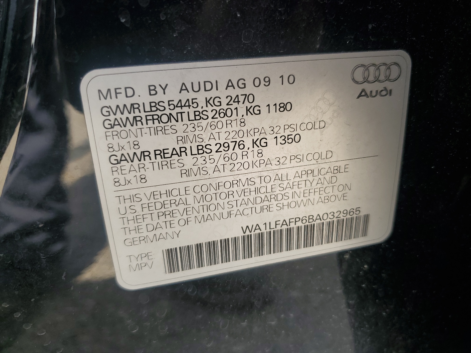 WA1LFAFP6BA032965 2011 Audi Q5 Premium Plus