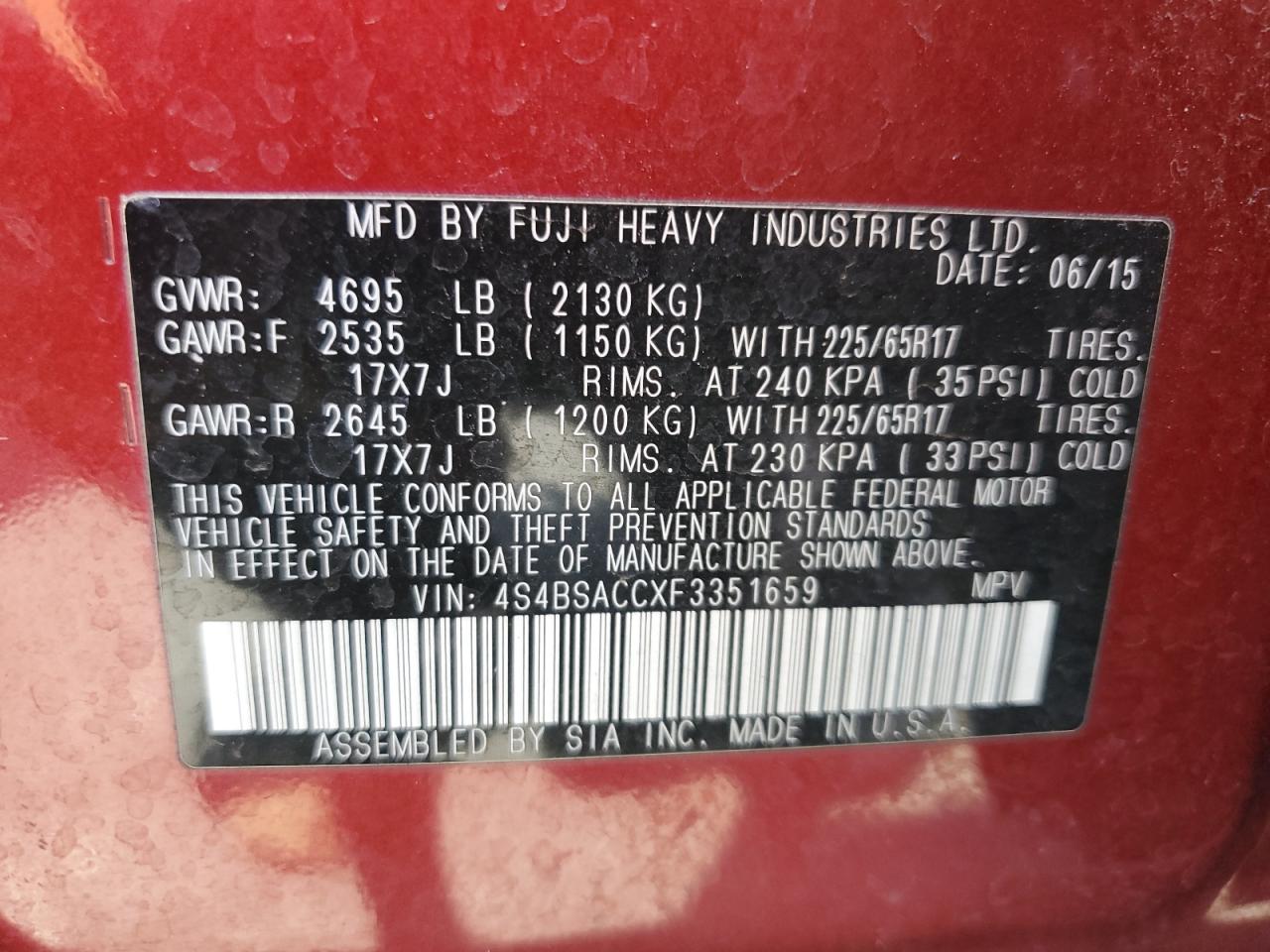 2015 Subaru Outback 2.5I Premium VIN: 4S4BSACCXF3351659 Lot: 64480444