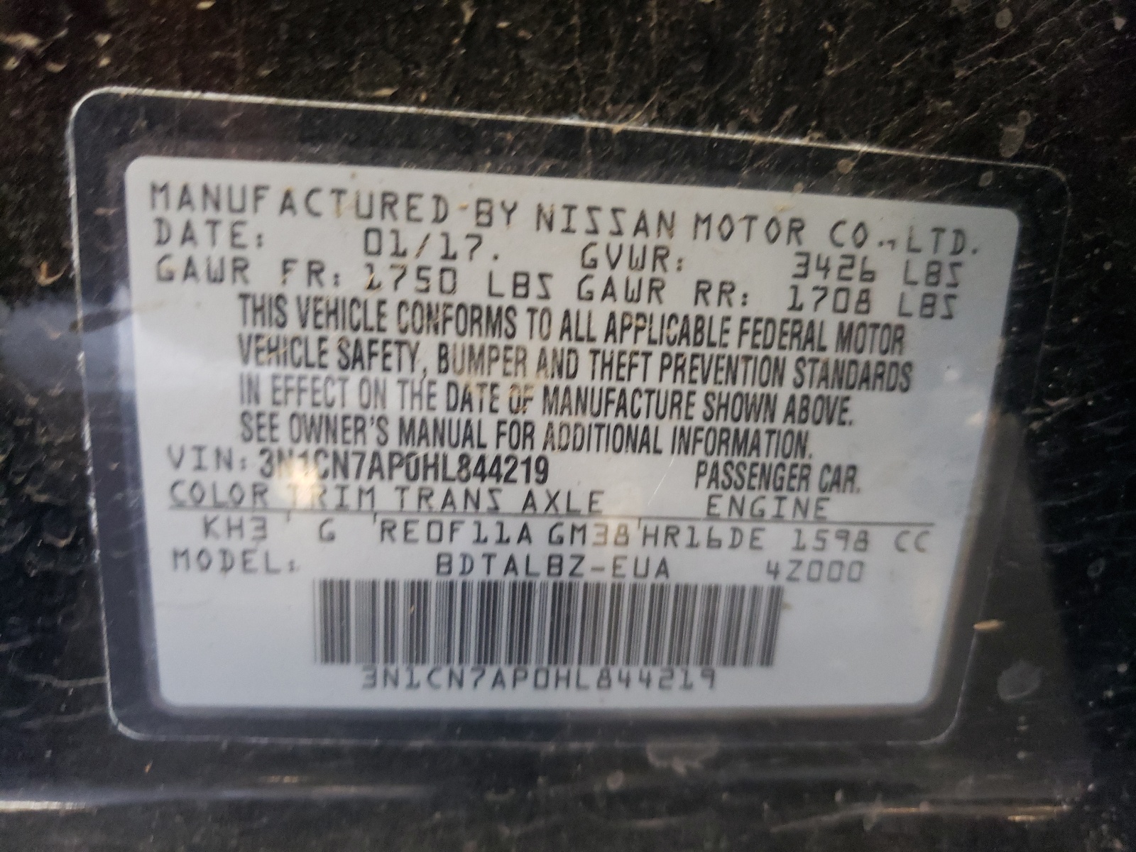 3N1CN7AP0HL844219 2017 Nissan Versa S