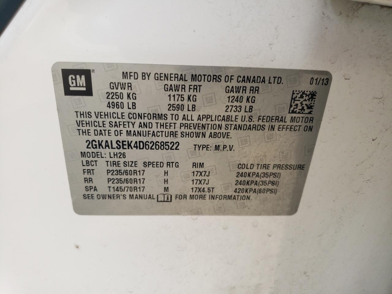 2013 GMC Terrain Sle VIN: 2GKALSEK4D6268522 Lot: 64478214