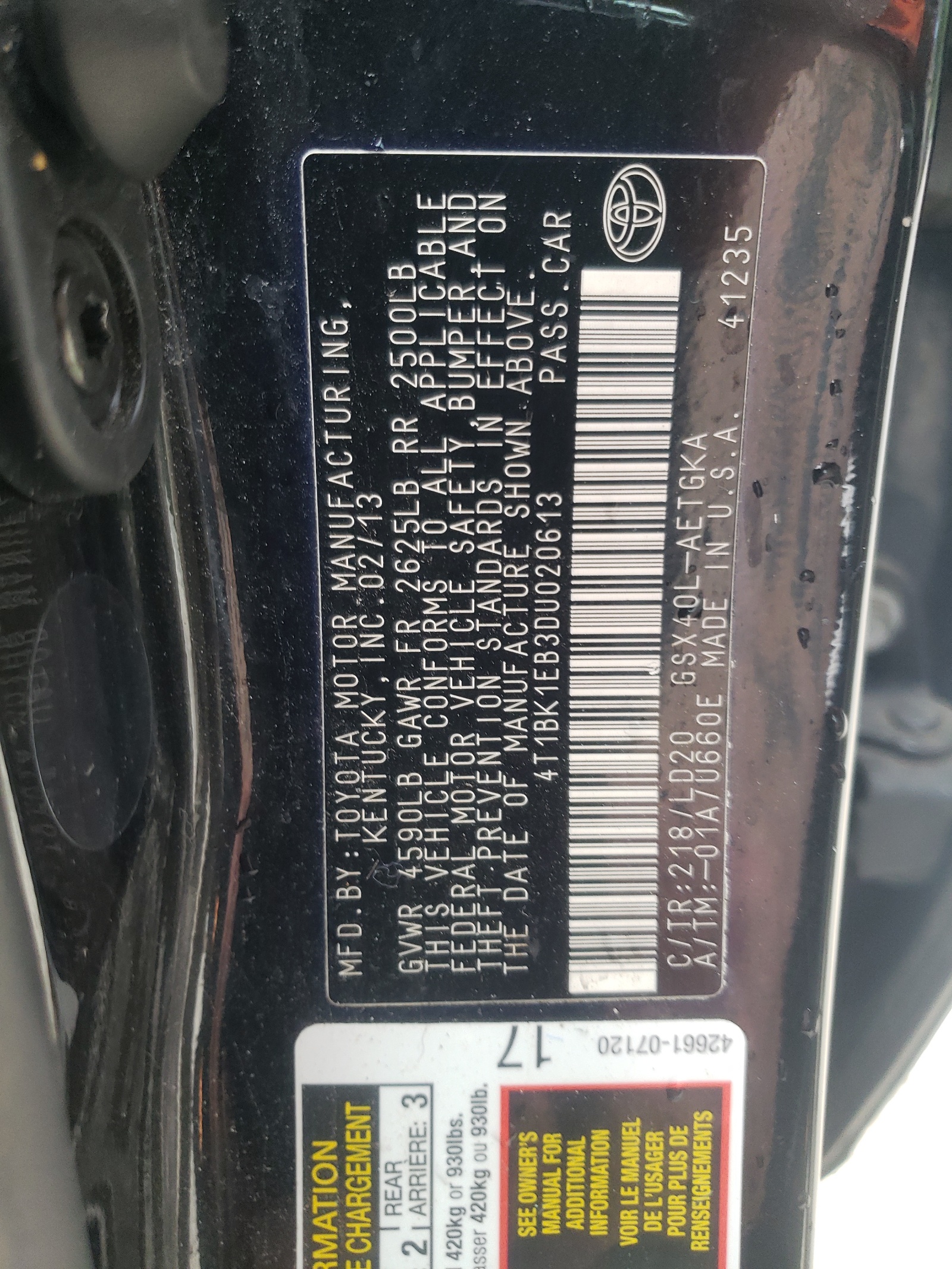 4T1BK1EB3DU020613 2013 Toyota Avalon Base