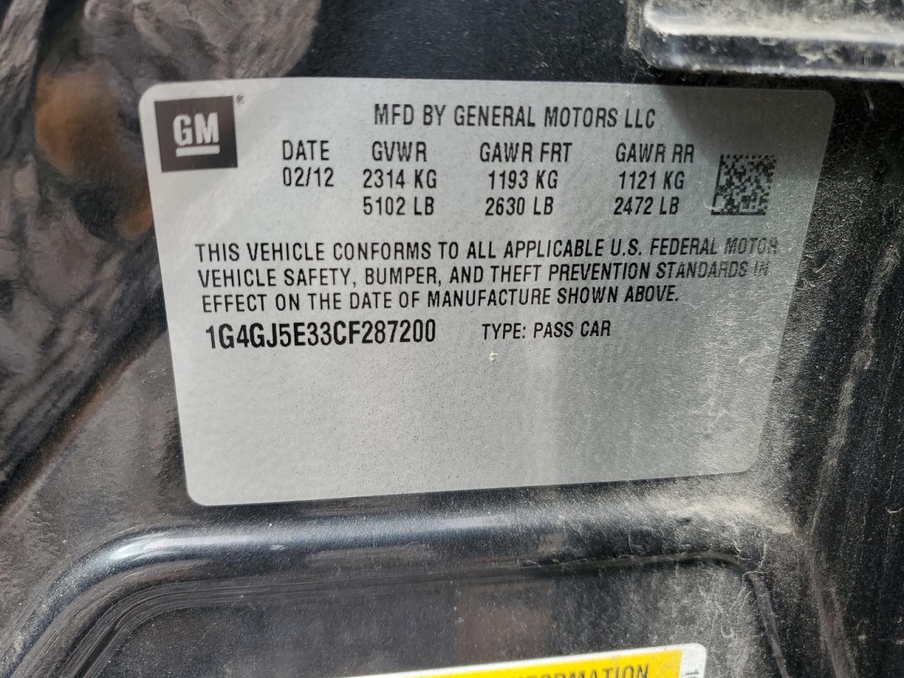 2012 Buick Lacrosse Touring VIN: 1G4GJ5E33CF287200 Lot: 63140684