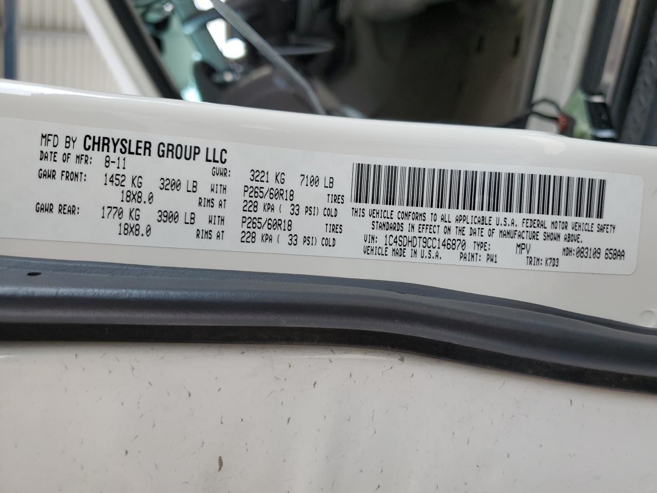 2012 Dodge Durango Crew VIN: 1C4SDHDT9CC146870 Lot: 65063614