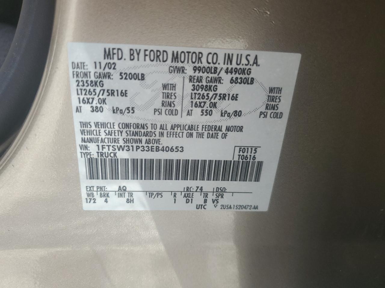 2003 Ford F350 Srw Super Duty VIN: 1FTSW31P33EB40653 Lot: 62683734