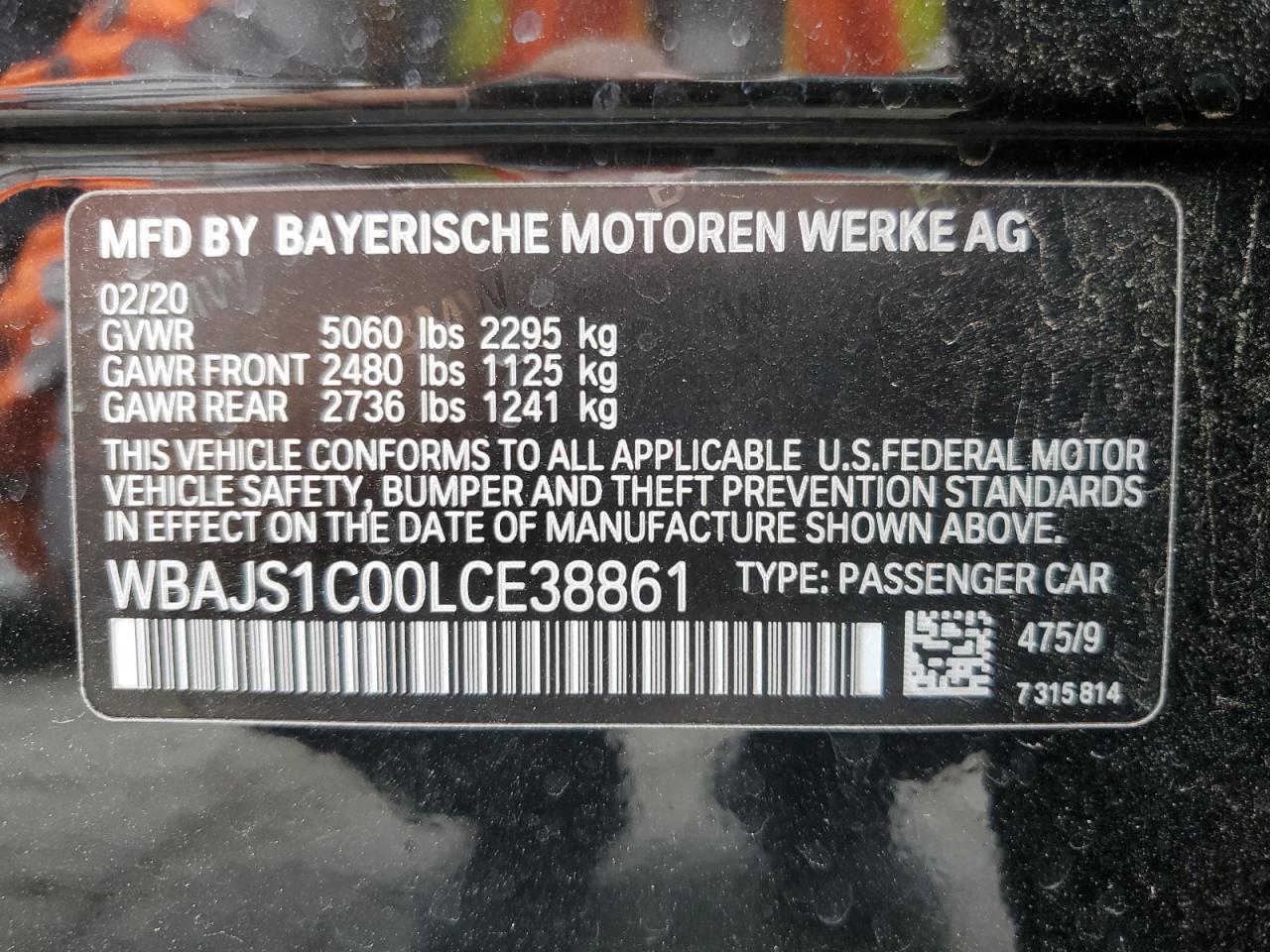 2020 BMW 540 I VIN: WBAJS1C00LCE38861 Lot: 62674614