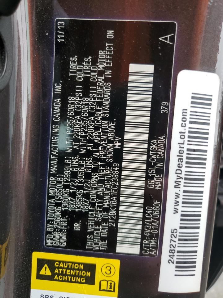 2014 Lexus Rx 350 Base VIN: 2T2BK1BA1EC238849 Lot: 60957624