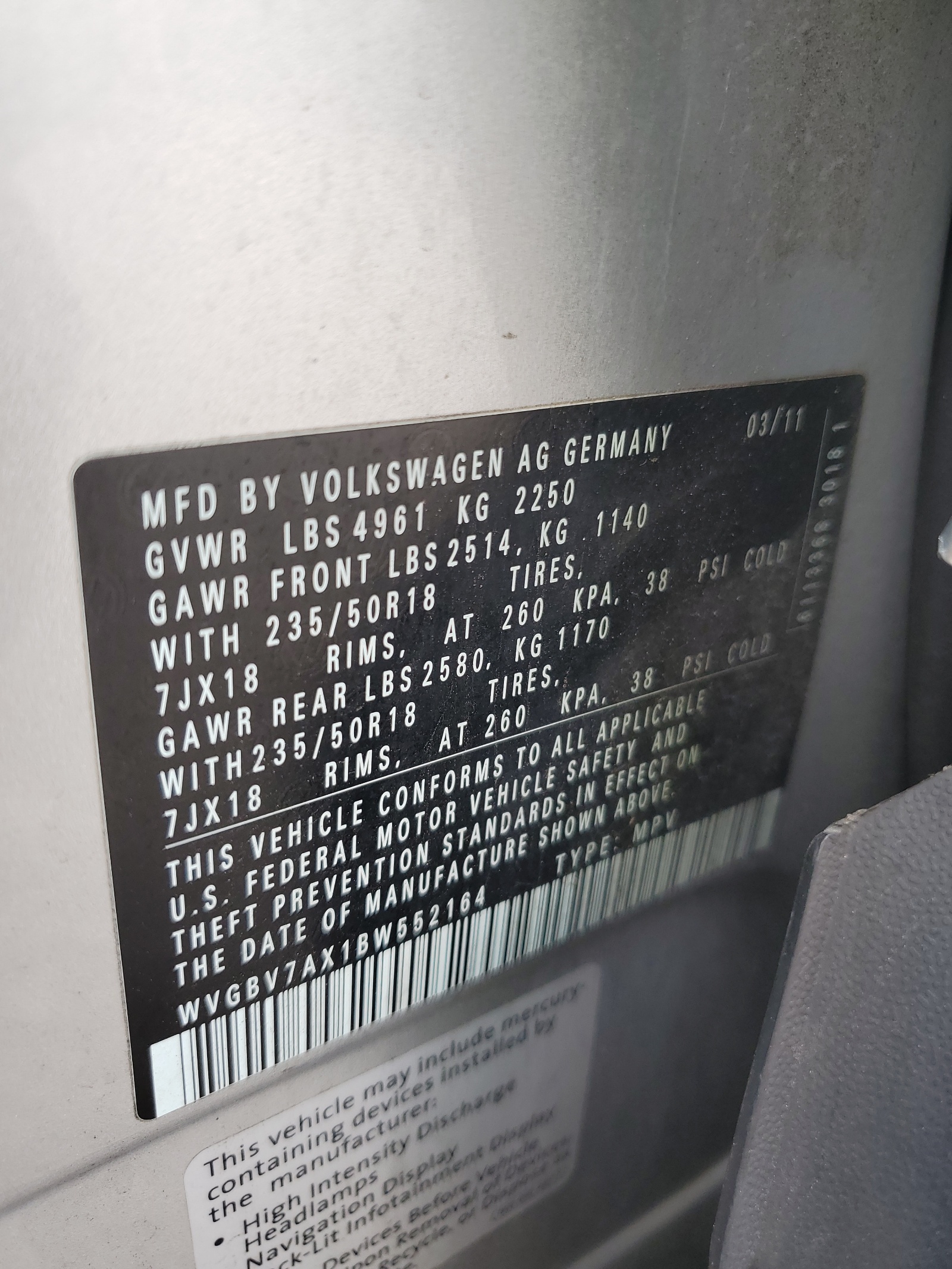 WVGBV7AX1BW552164 2011 Volkswagen Tiguan S