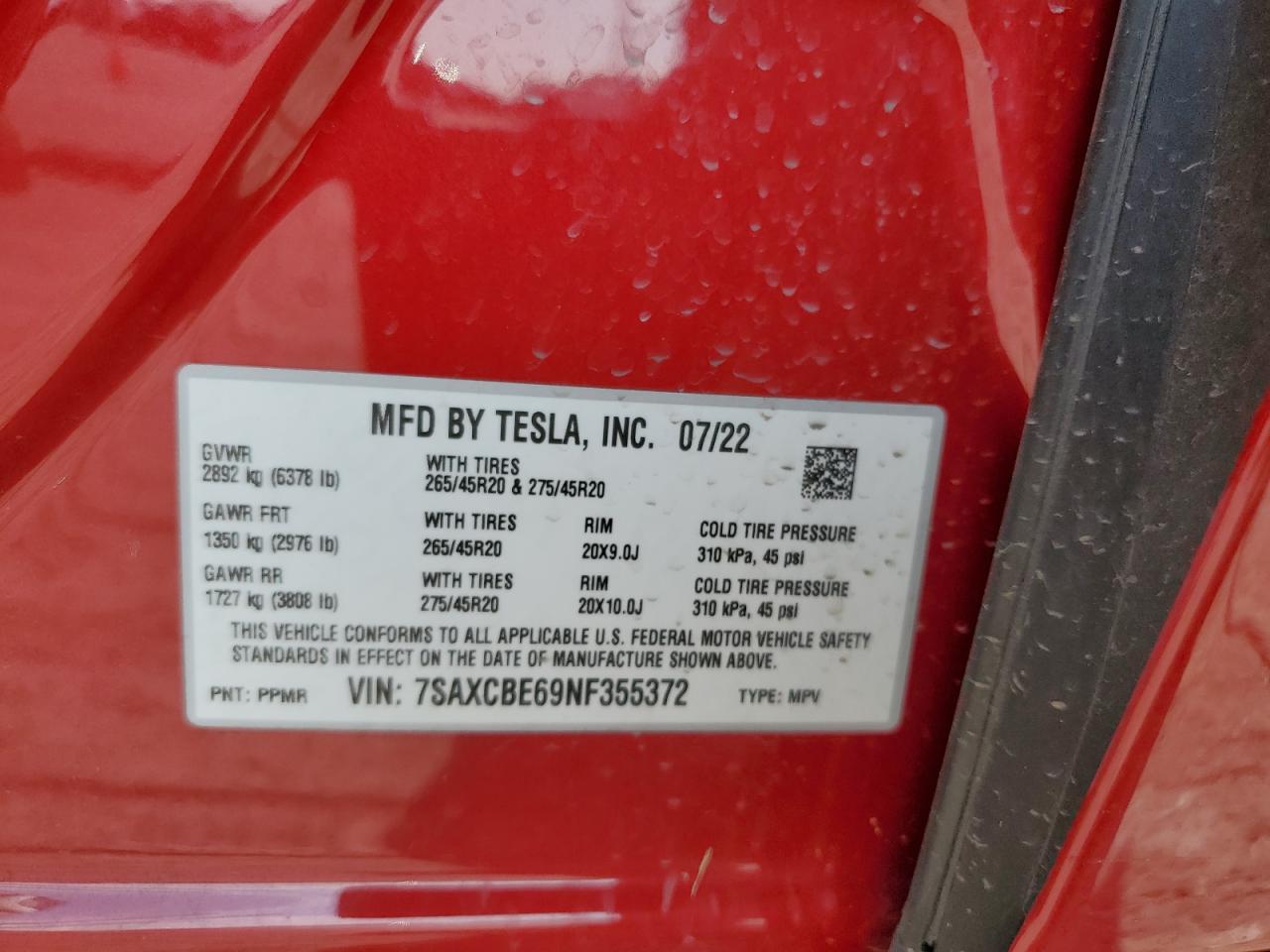 2022 Tesla Model X VIN: 7SAXCBE69NF355372 Lot: 65251344