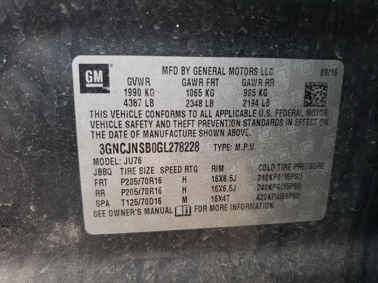 2016 Chevrolet Trax Ls VIN: 3GNCJNSB0GL278228 Lot: 60299304