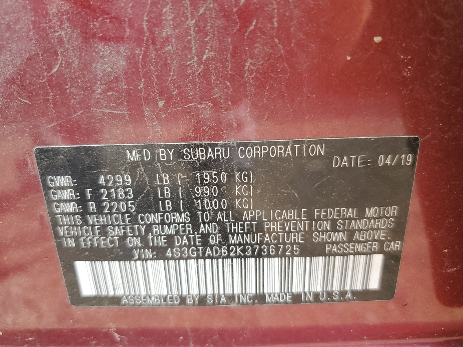 4S3GTAD62K3736725 2019 Subaru Impreza Premium