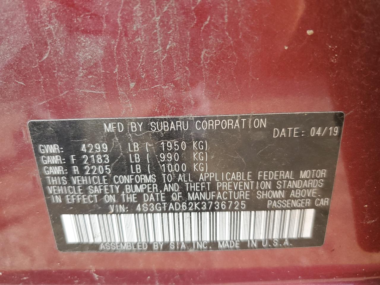 2019 Subaru Impreza Premium VIN: 4S3GTAD62K3736725 Lot: 63968944