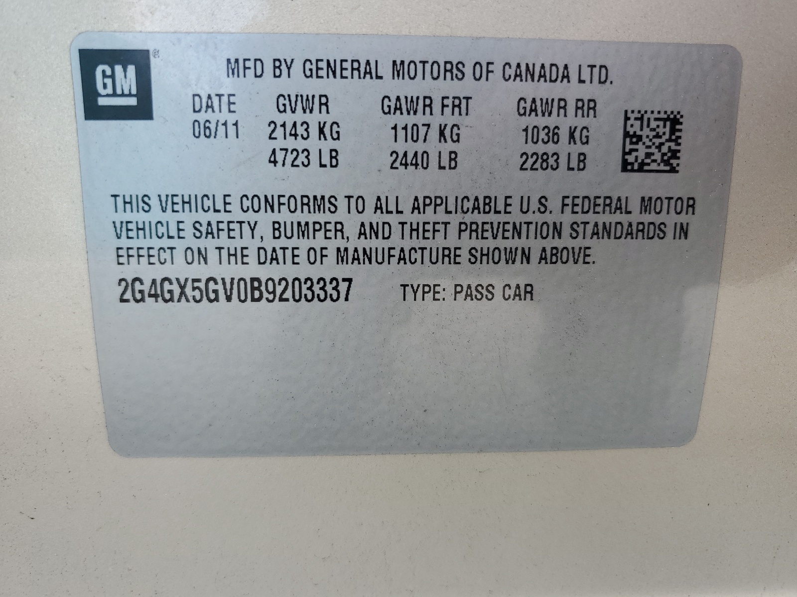 2G4GX5GV0B9203337 2011 Buick Regal Cxl