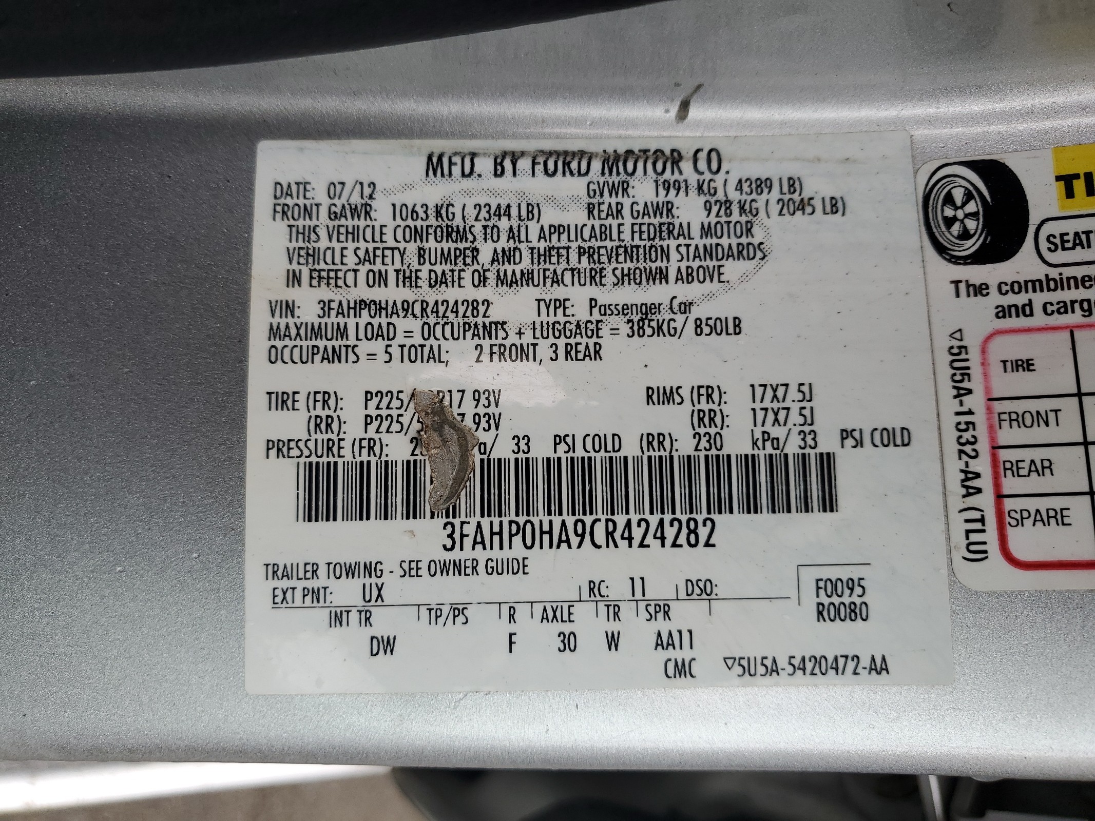 3FAHP0HA9CR424282 2012 Ford Fusion Se