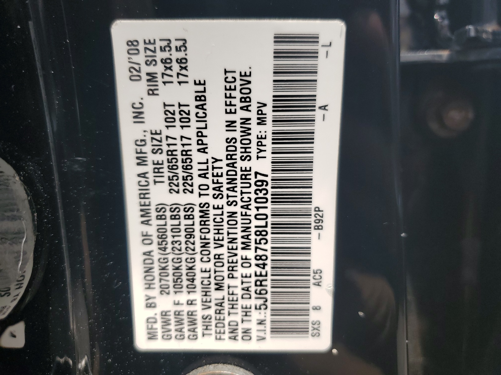 5J6RE48758L010397 2008 Honda Cr-V Exl