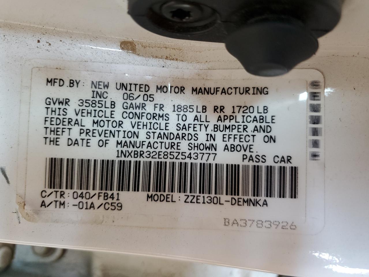 2005 Toyota Corolla Ce VIN: 1NXBR32E85Z543777 Lot: 63052624