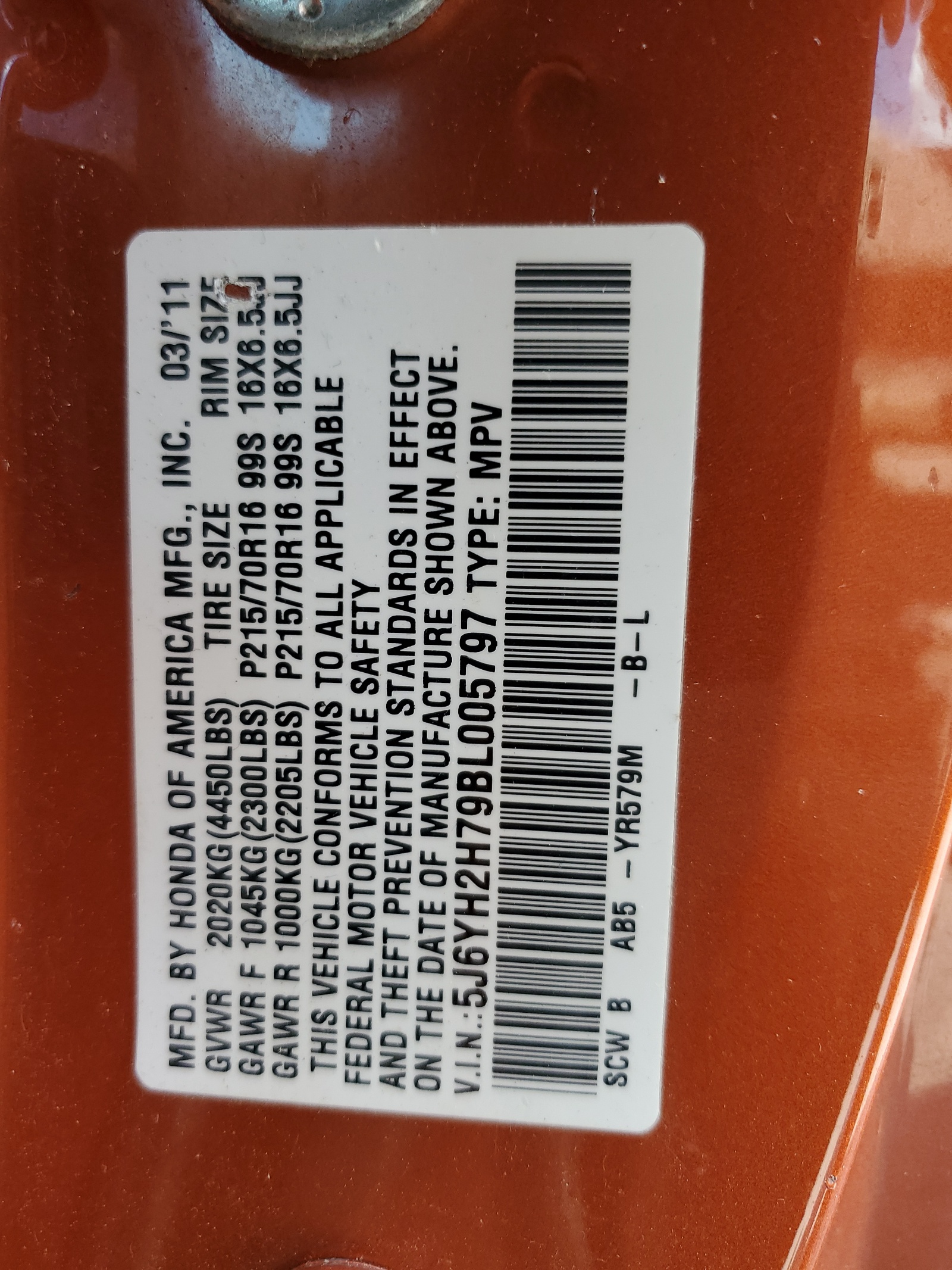 5J6YH2H79BL005797 2011 Honda Element Ex