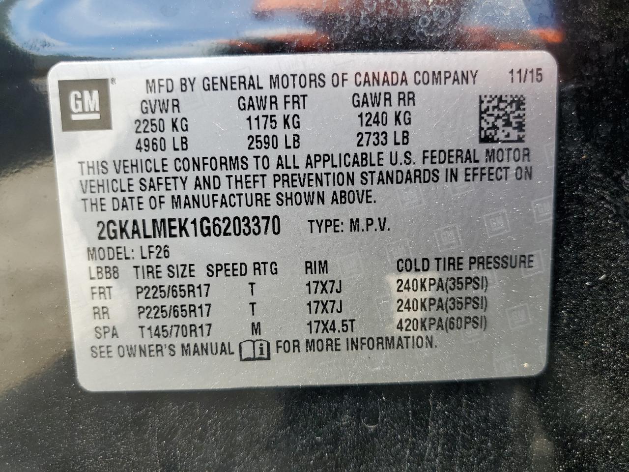 2GKALMEK1G6203370 2016 GMC Terrain Sle