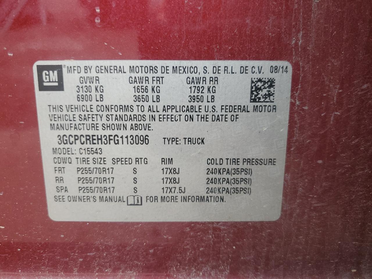 3GCPCREH3FG113096 2015 Chevrolet Silverado C1500 Lt