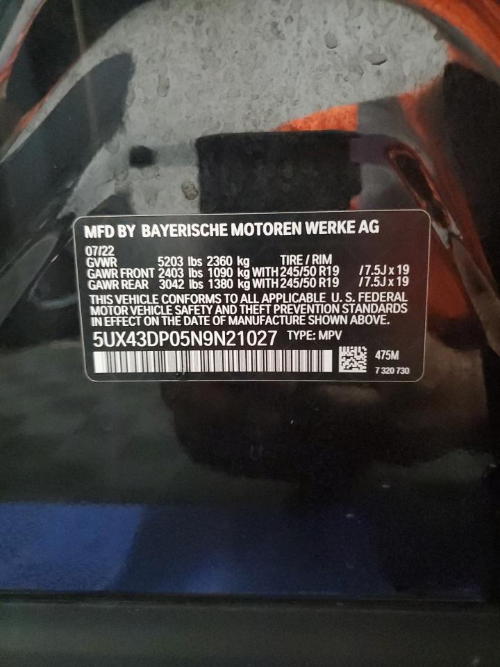 2022 BMW X3 Sdrive30I VIN: 5UX43DP05N9N21027 Lot: 63931094