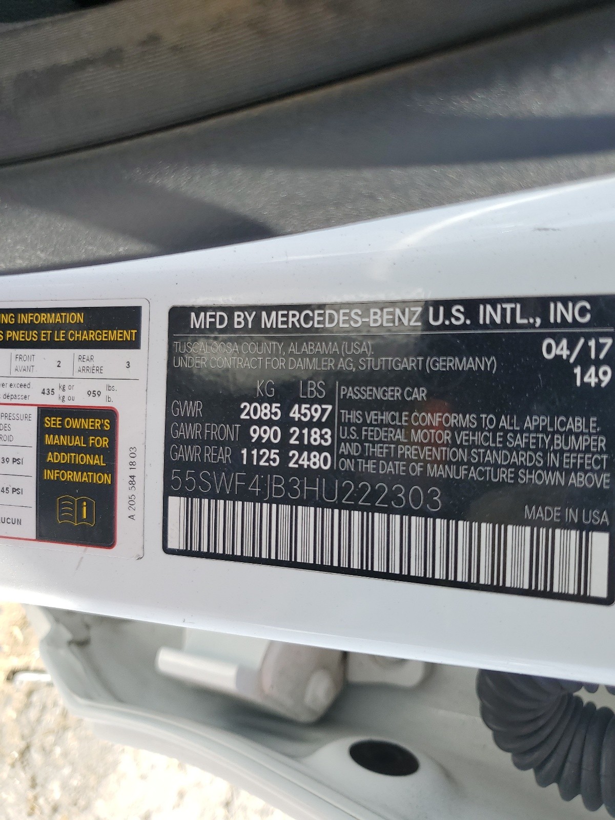 55SWF4JB3HU222303 2017 Mercedes-Benz C 300