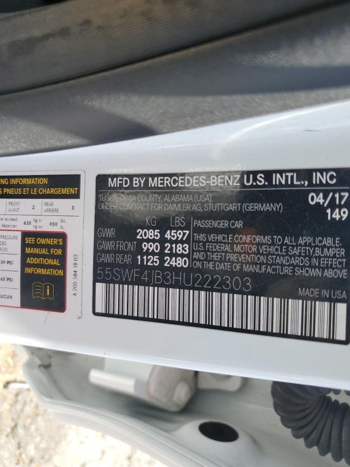 2017 Mercedes-Benz C 300 VIN: 55SWF4JB3HU222303 Lot: 63729954