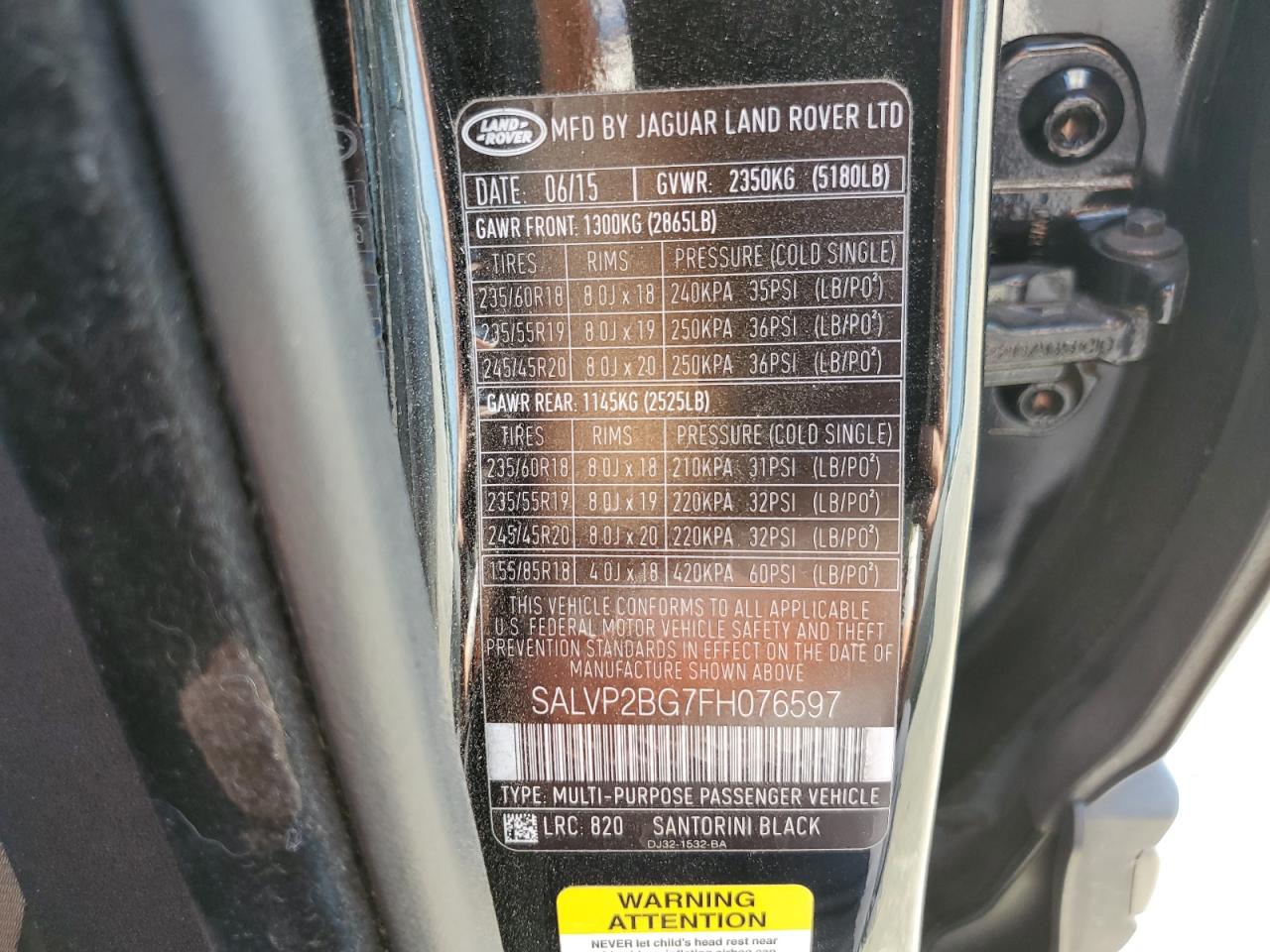 2015 Land Rover Range Rover Evoque Pure Plus VIN: SALVP2BG7FH076597 Lot: 64742364