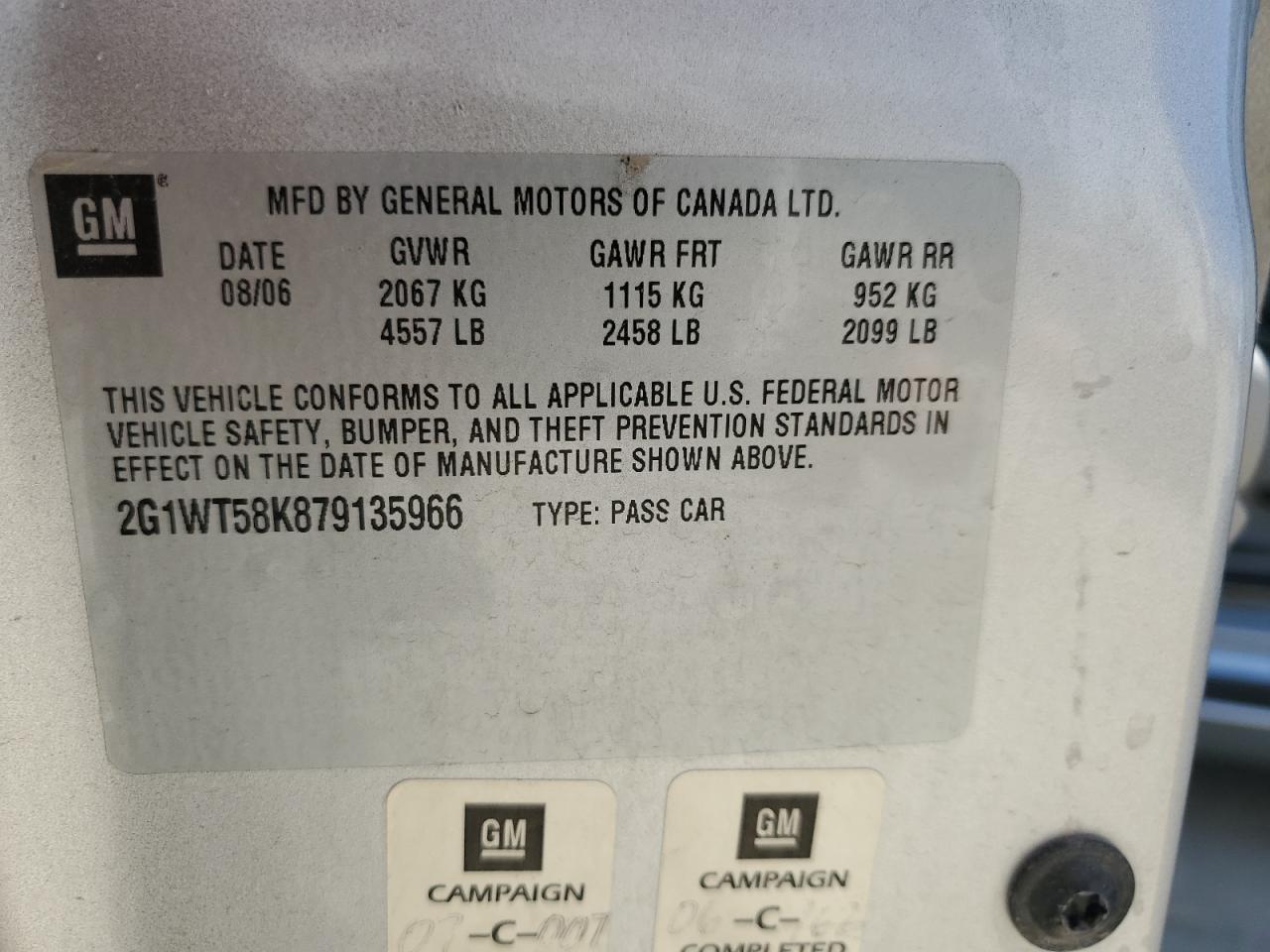 2007 Chevrolet Impala Lt VIN: 2G1WT58K879135966 Lot: 64121694